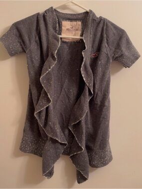 Y2K Hollister Heather Gray Ruffle-Trim Open Cardigan with Red Logo